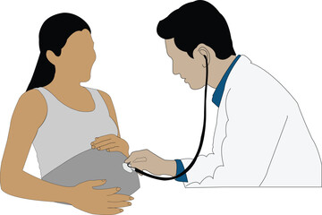 Doctor uses stethoscope to listen to pregnant woman's belly with hands on abdomen medical examination