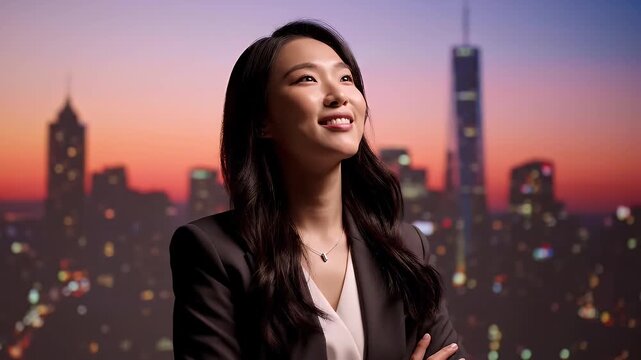 Young Asian Woman In Business Attire Looking Up Towards City Skyline At Dusk With Warm Sunset Colors