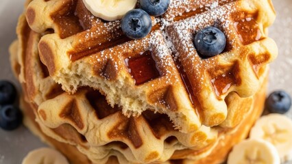Golden-brown waffles stacked with fresh blueberries, sliced bananas, and powdered sugar, a delightful and indulgent breakfast or brunch meal