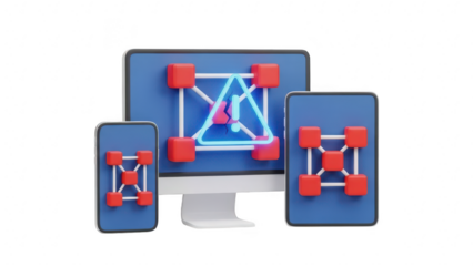 3d illustration of responsive web design concept showing a geometric structure on desktop, tablet, and smartphone screens isolated on transparent background