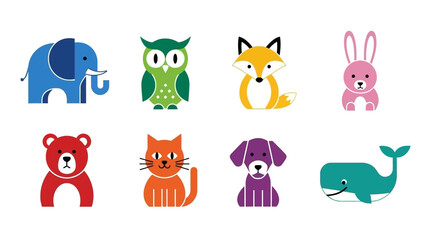 Colorful animal icons vector set, modern illustration of cute animal characters, various wildlife