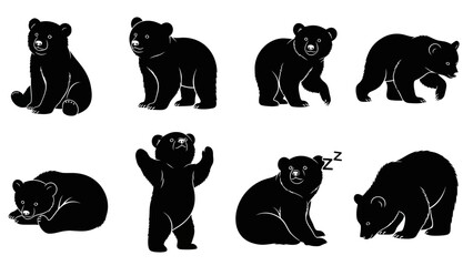 Collection of cute bear cub silhouettes showcasing various poses and expressions © ellisa_studio
