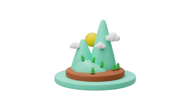Cute 3d isometric illustration of a small mountain landscape with sun and clouds isolated on transparent background - Powered by Adobe