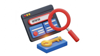 3d illustration of a web browser window with a magnifying glass and a key, symbolizing search engine optimization and website access, isolated on transparent background