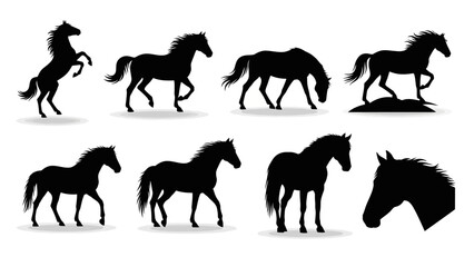 Collection of elegant black horse silhouettes in various poses and graceful stances portraying