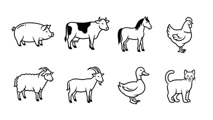 Farm animals vector line art set: pig, cow, horse, chicken, sheep, goat, duck and cat