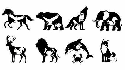 Creative black and white animal illustration showcasing wildlife diversity and artistic design