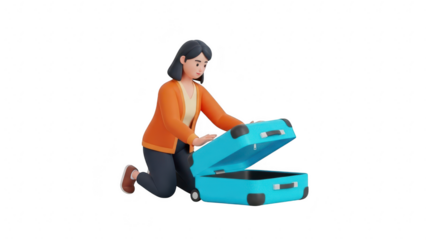 3d character woman kneeling and opening an empty blue suitcase for packing or unpacking luggage isolated on transparent background