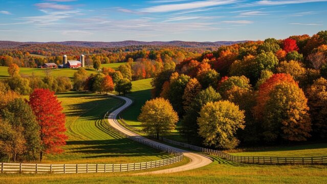 Winding road cuts through a vibrant autumn landscape of rolling hills, brilliant fall foliage, and a distant rural farm, under a clear blue sky