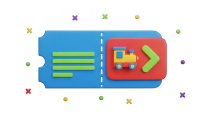 3d blue ticket stub with colorful toy train icon and green arrow button, isolated on transparent background