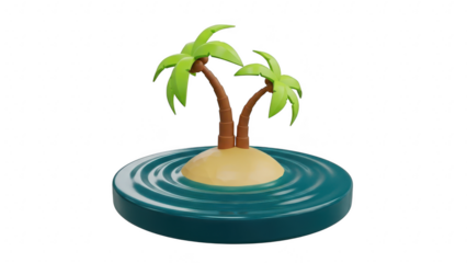 Cute 3d rendering of a small tropical island with two palm trees floating in blue water isolated on transparent background