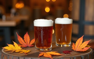 Autumn beer celebration at a rustic venue with cozy decor and harvest elements. High quality