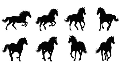 Silhouette Collection of Majestic Horses in Dynamic Poses against a White Background