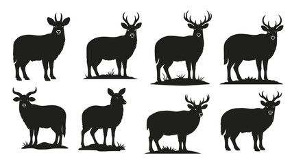 Diverse deer species silhouette collection in striking black against white background