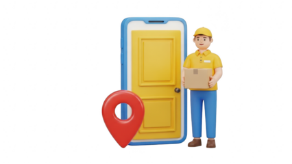 3d rendering of delivery man holding package standing next to smartphone with door icon and location pin isolated on transparent background