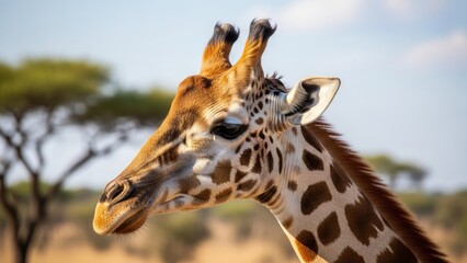 Obraz premium A majestic giraffe stands tall in a vibrant African savanna, its distinctive patterned coat and elegant profile illuminated by the warm sunlight of its natural habitat