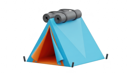 Blue and orange camping tent with rolled sleeping bag or mat on top, isolated on transparent background