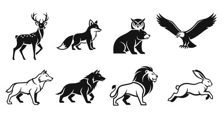 Collection of Wild Animal Vector Silhouettes Including Lion Eagle Wolf Deer Fox Hare Bear and Owl