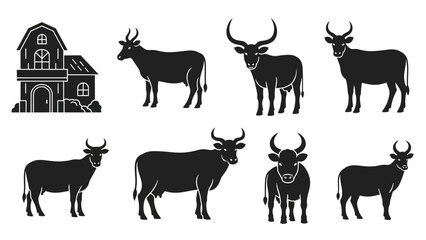 Monochrome silhouettes of farm animals and barn enhance rural aesthetic vector illustration 56