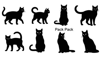 Set of elegant black cat silhouette in different poses, perfect for Halloween designs and more
