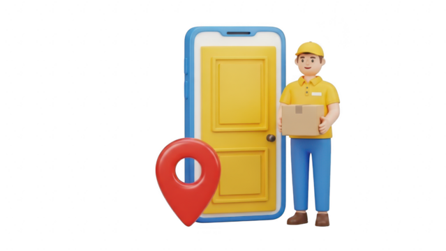 3d rendering of delivery man holding package standing next to smartphone with door icon and location pin isolated on transparent background