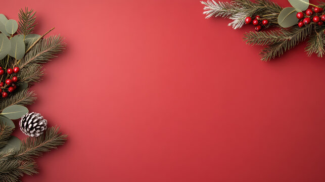 Red Christmas background with pine branches, berries, pinecone and eucalyptus accents - Powered by Adobe
