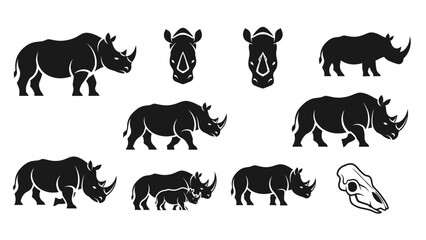 Set of rhinoceros vector illustrations in various poses and skull silhouettes isolated on a white