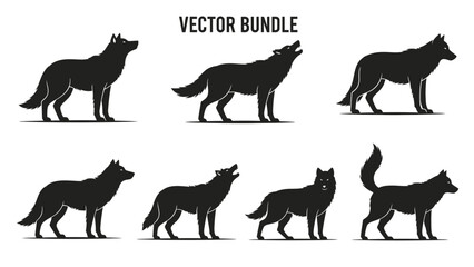 Silhouette Vector Bundle: Diverse Wolf Poses Depicted in Black and White Graphic