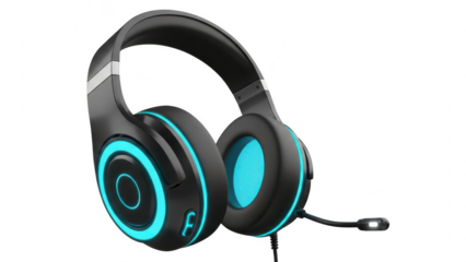 Modern black gaming headset with bright cyan blue glowing led light accents and attached microphone isolated on transparent background