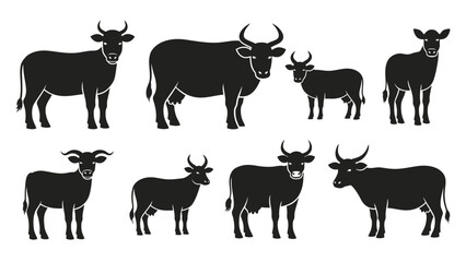 Elegant black and white vector illustration showcasing diverse cow silhouettes, perfect for farm
