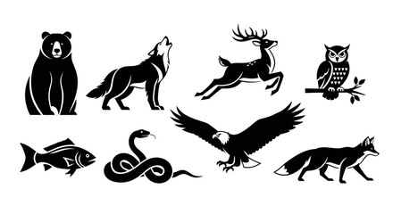 Monochrome set of wildlife animals including mammal, bird, reptiles and fish species illustration