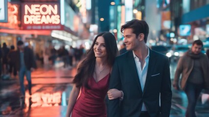 A smiling couple walks arm-in-arm in a city at night with neon lights - Powered by Adobe