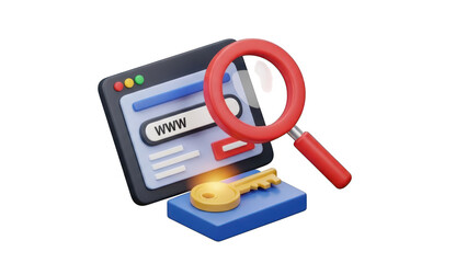 3d isometric illustration of a web browser window with a magnifying glass and a key, symbolizing search engine optimization and website access isolated on transparent background
