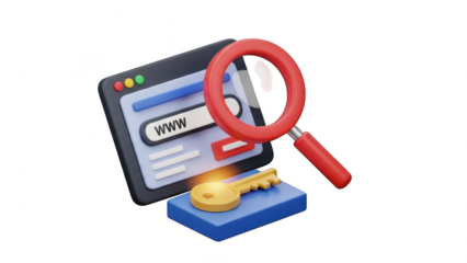 3d isometric illustration of a web browser window with a magnifying glass and a key, symbolizing search engine optimization and website access isolated on transparent background