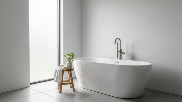 Sleek and serene modern bathroom with a freestanding white tub bathed in natural light, offering a tranquil space for relaxation and self-care