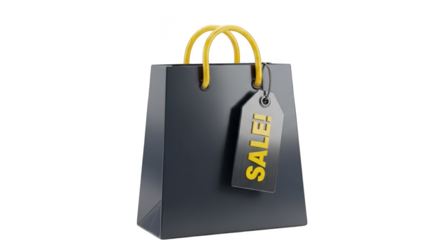 Realistic 3d rendering of a dark gray shopping bag with yellow handles and a sale tag hanging from one handle, isolated on transparent background - Powered by Adobe