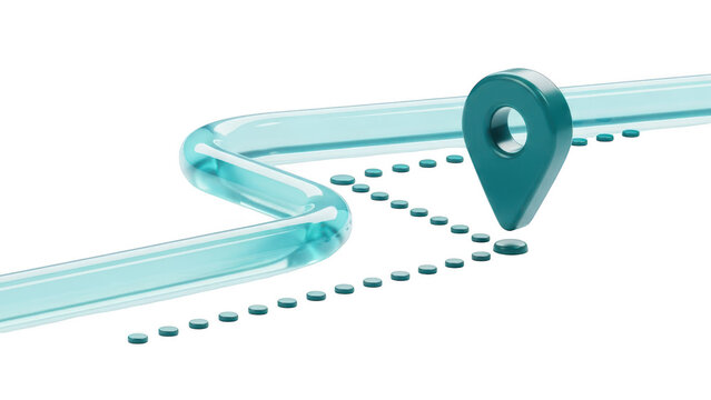 3d rendering of a teal map location pin marking a destination point on a winding, transparent blue path with dashed line route isolated on transparent background