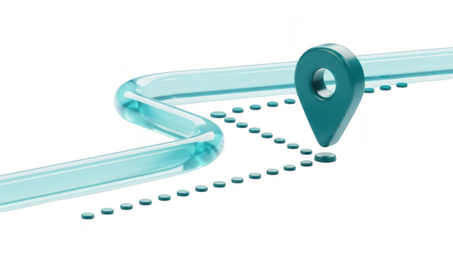 3d rendering of a teal map location pin marking a destination point on a winding, transparent blue path with dashed line route isolated on transparent background