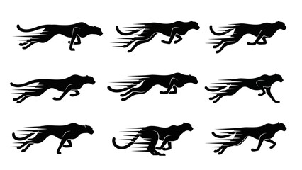 Silhouettes of running cheetahs with speed lines, conveying motion and dynamism in minimalist