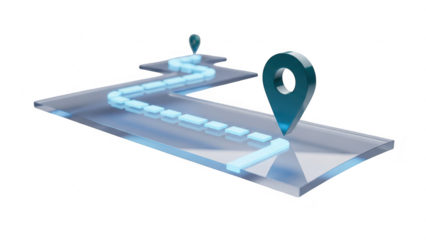 3d rendering of a glowing blue route path with two location pin markers on a transparent surface, isolated on transparent background