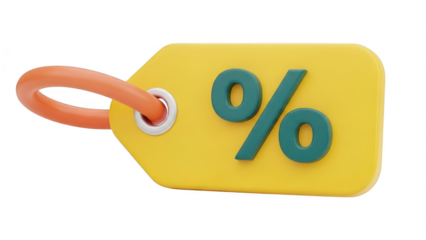3d rendering of a bright yellow sale tag with a teal percentage symbol, isolated on transparent background for discount promotion concept