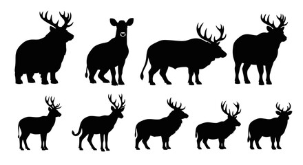 Fototapeta premium Elegant silhouette collection featuring various deer and elk poses offering vector designs for