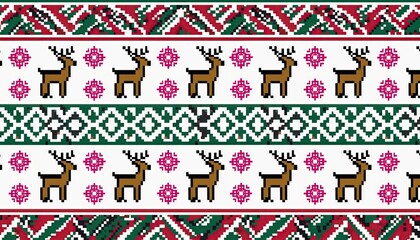 Pixelated Christmas Pattern with Reindeer and Geometric Designs.