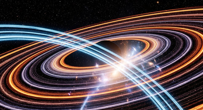 Abstract cosmos with glowing rings and vibrant blue light trails