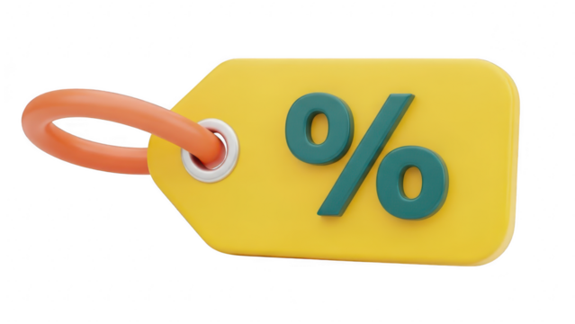 3d rendering of a bright yellow sale tag with a teal percentage symbol, isolated on transparent background for discount promotion concept