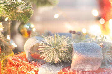 Christmas ball decorate on pine tree branch at night merry christmas