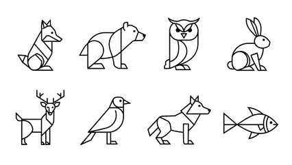 Geometric animal icons illustration, line art drawing of various animals design