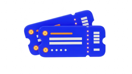 Two blue 3d stylized tickets or coupon icons stacked together isolated on transparent background