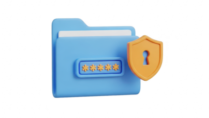 3d rendering of a blue folder with a password protection symbol and an orange shield icon representing data security and privacy isolated on transparent background