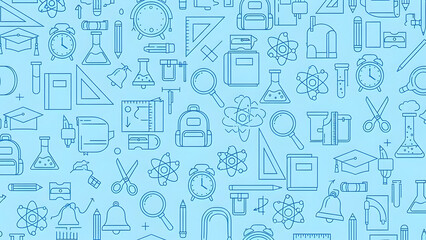 Light blue background with various science and education related icons